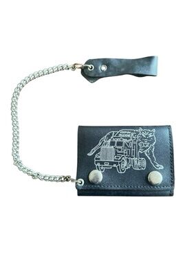 Trucker Trifold Chain Wallet Black and Chrome Faux Leather Snaps Compact Edgy